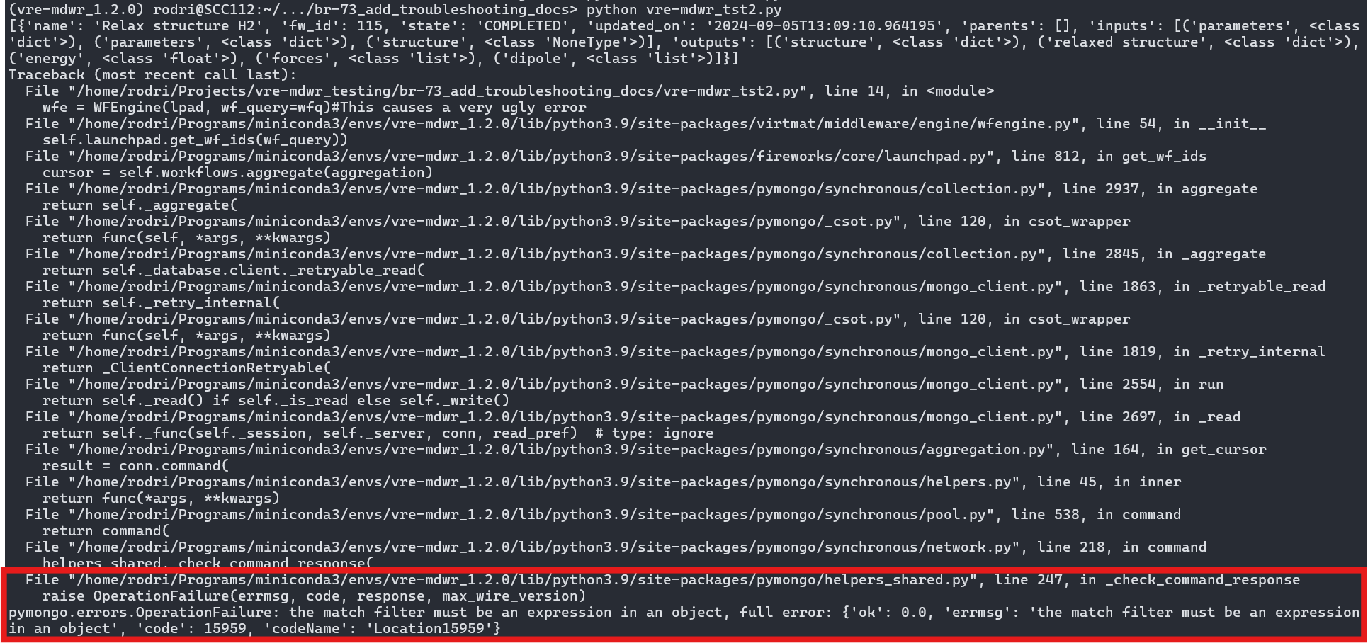 Error traceback from the CLI